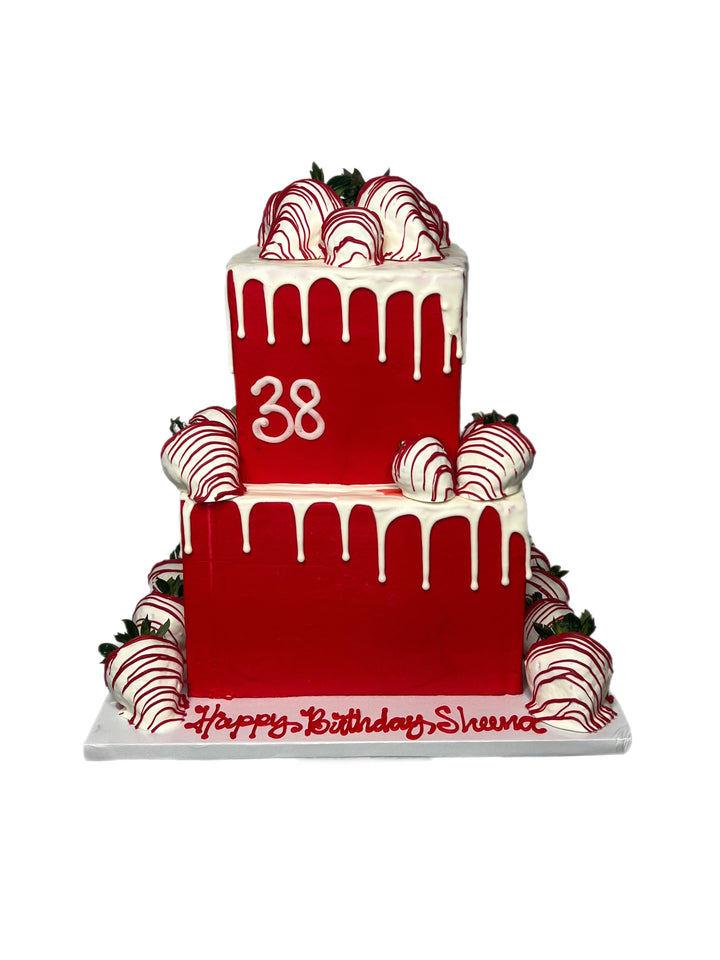 Square Drip and Strawberries Cake