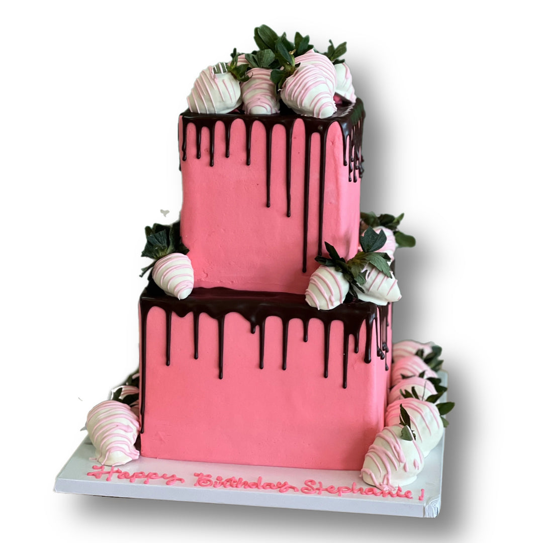 Square Drip and Strawberries Cake