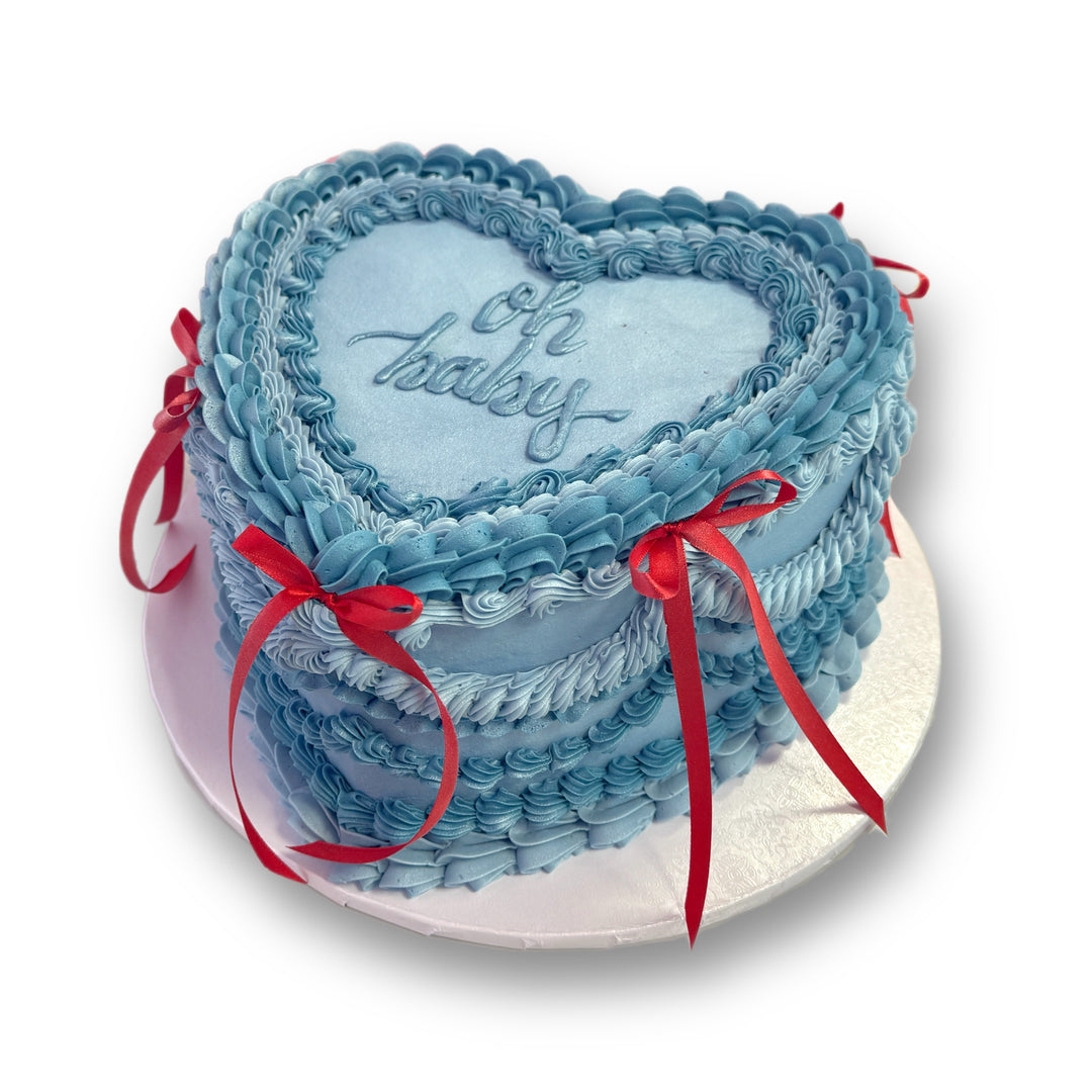 Dusty Blue Heart Piping Cake with Red Ribbon Bows