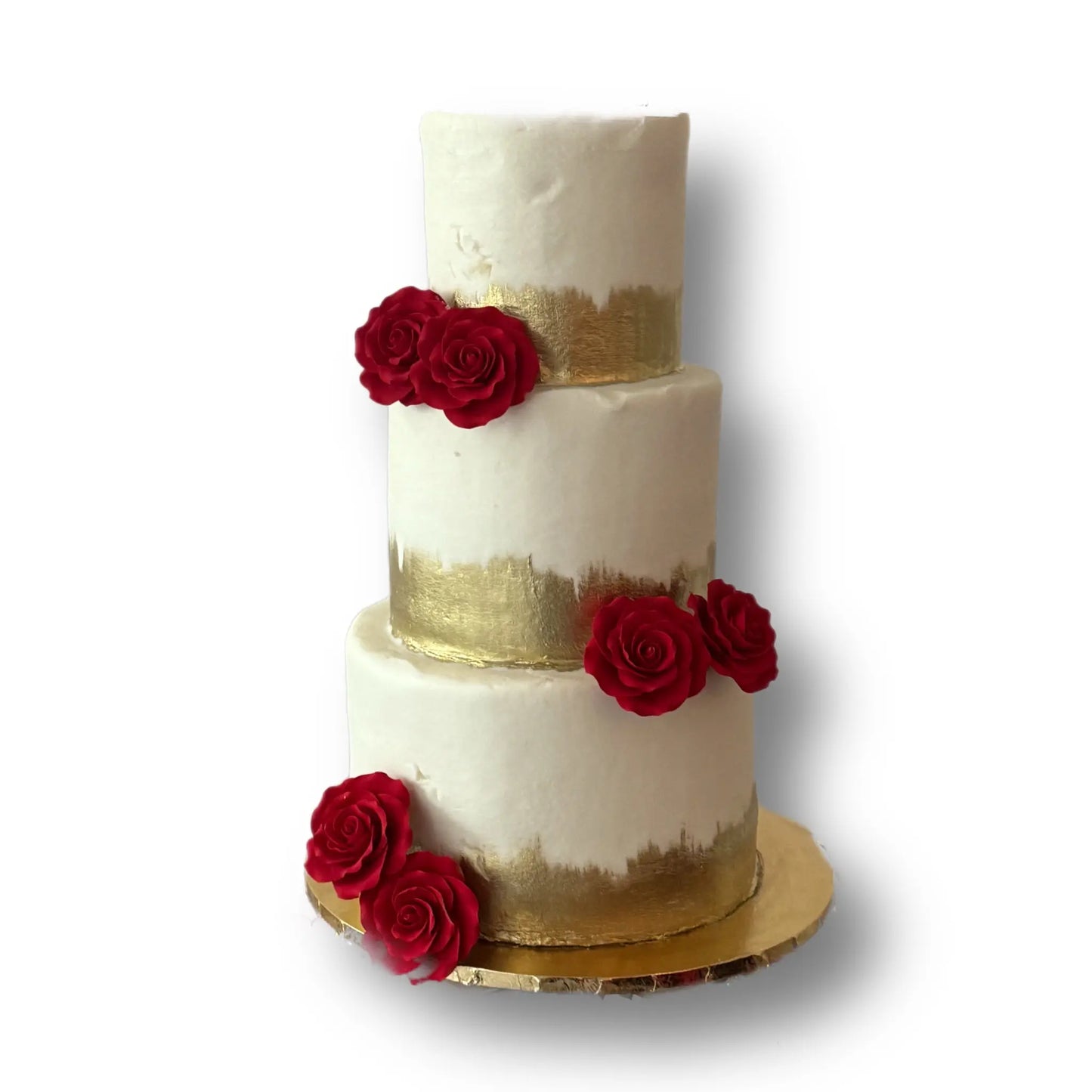 3 Tier Gold Brushed Wedding Cake with Red Roses That's The Cake Bakery