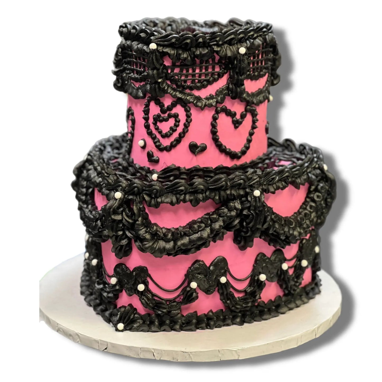 Hot Pink & Black Heart Cake 2 tier That's The Cake Bakery