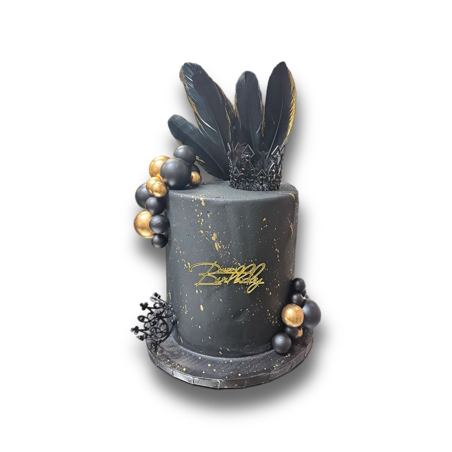 Tall Black + Gold Elegant Birthday Cake with Feathers