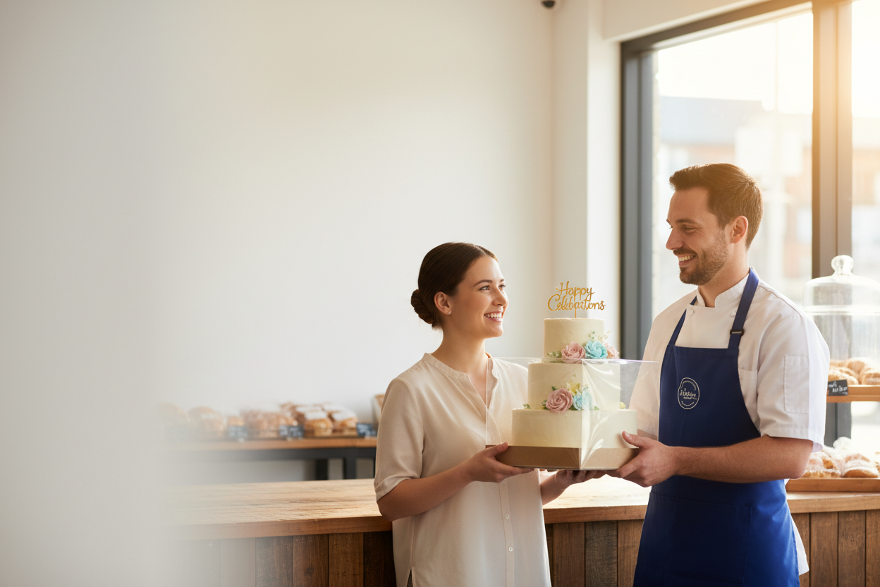 make the employee handing the cake off a male, and leave room for text to be used on the left or right side
