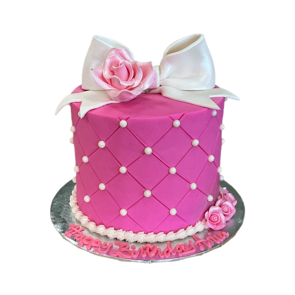 Quilted Birthday Cake with Bow and Roses - That's The Cake Bakery